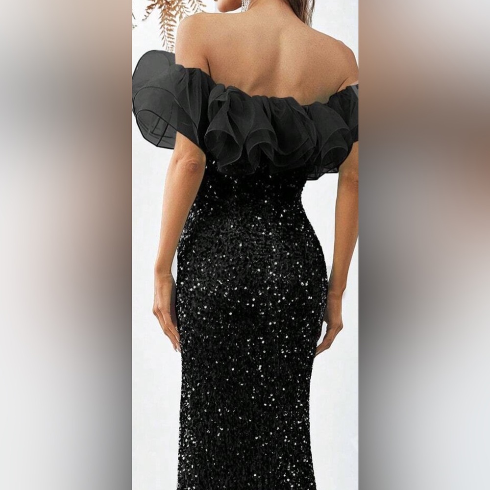 Women’s Plus XL Off Shoulder Organza Ruffle Sequin Formal, Wedding Guest Dress